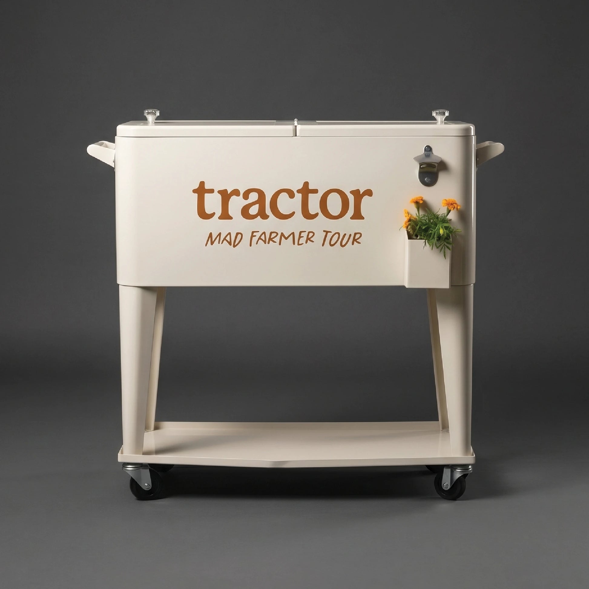 White patio cooler with mad farmer tour logo